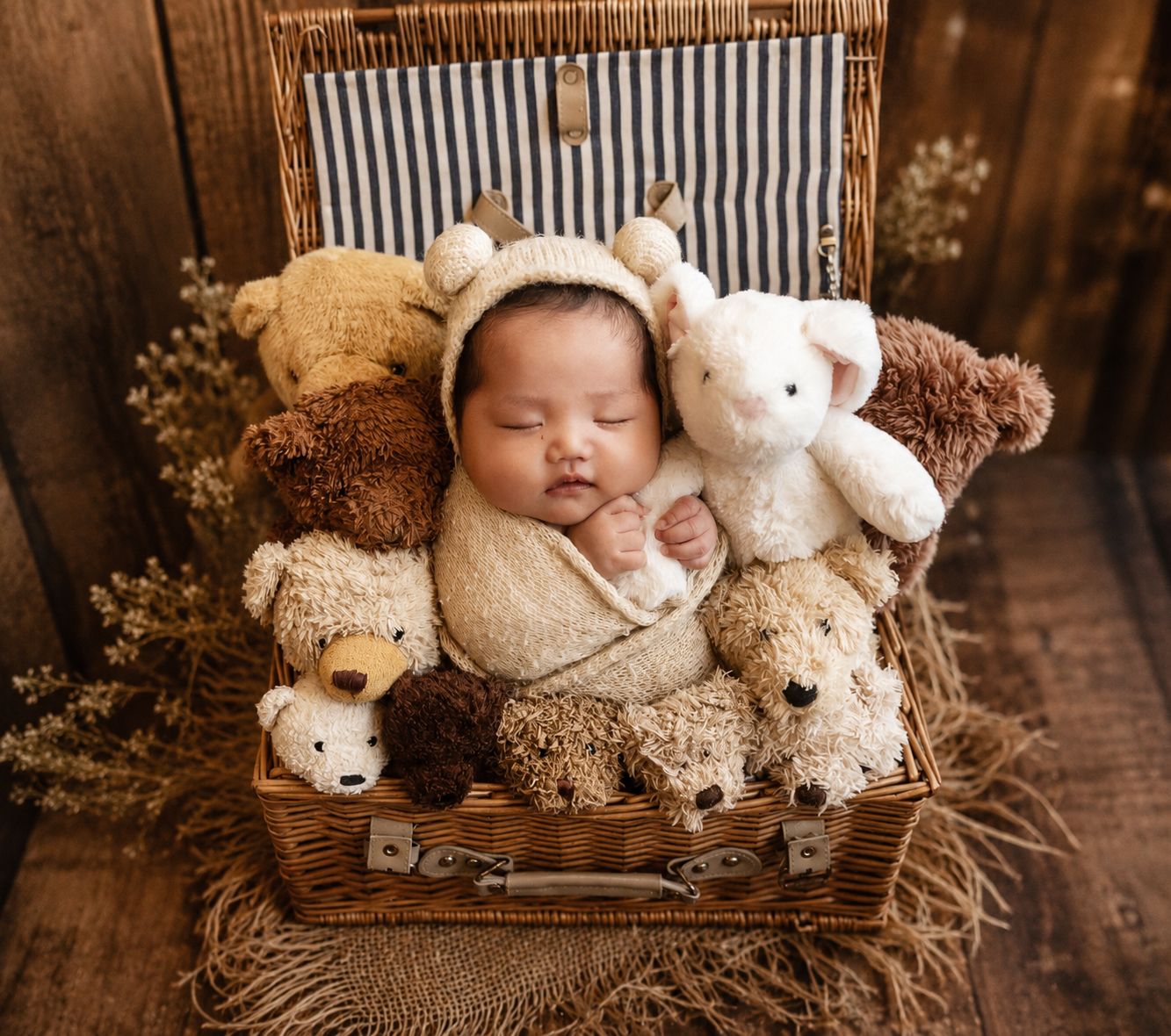 Sleeping newborn baby wrapped in cream swaddle, nestled among teddy bears in a wicker suitcase, wearing a bear bonnet.