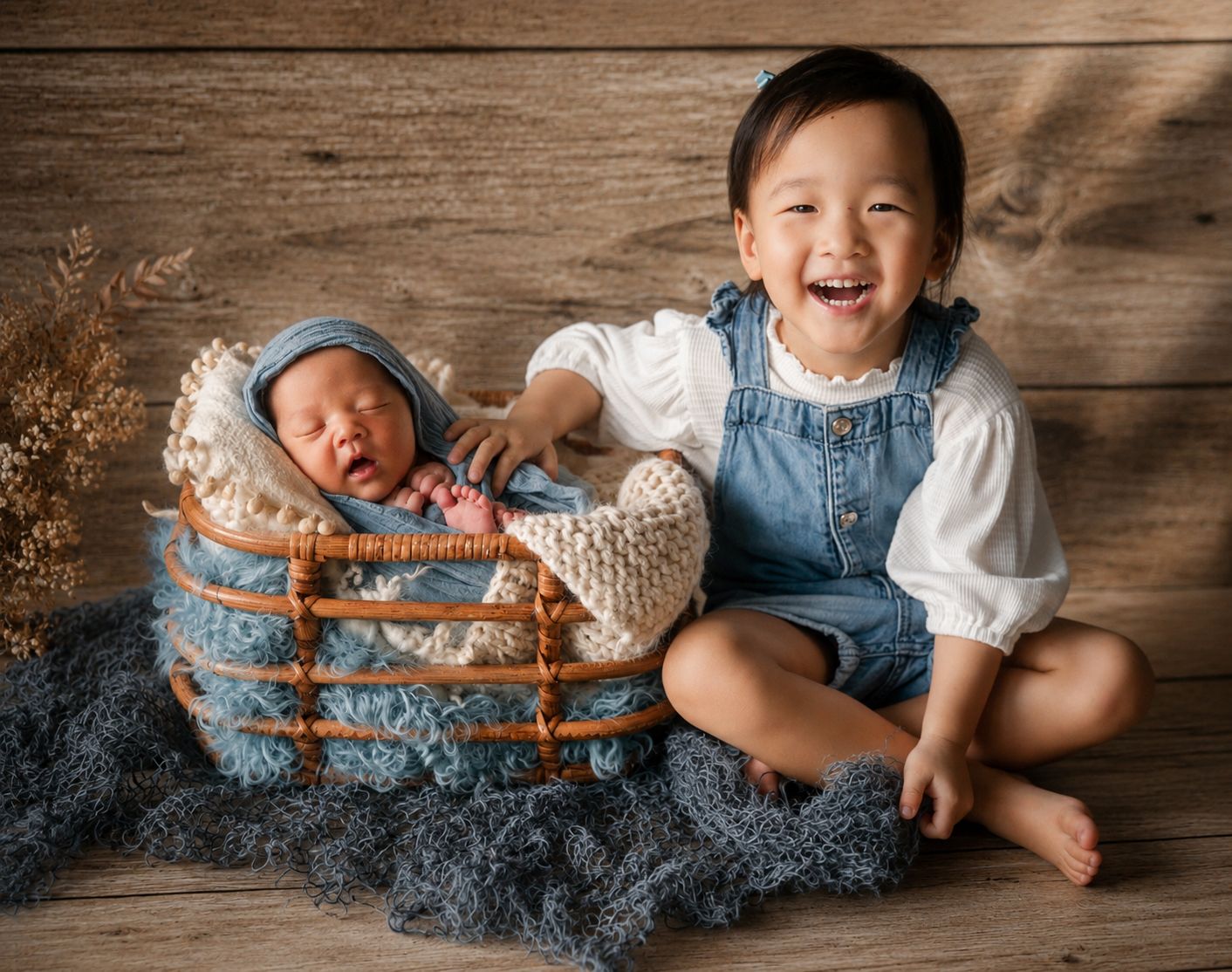 Smiling toddler in denim overalls sits beside sleeping newborn in wicker basket on rustic wood backdrop.