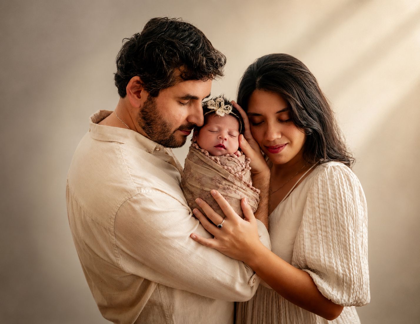 New parents tenderly cradle their sleeping newborn baby wrapped in a soft beige swaddle in a warm studio portrait.