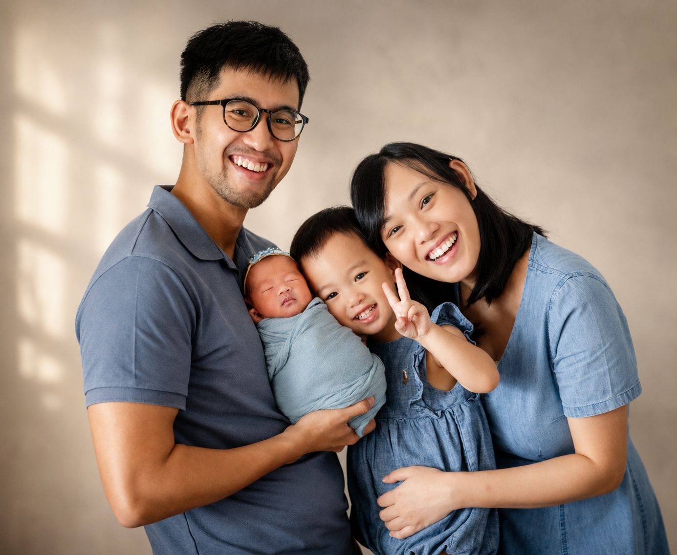 Happy Asian family portrait with dad holding newborn baby and toddler making peace sign, mom smiling beside them.