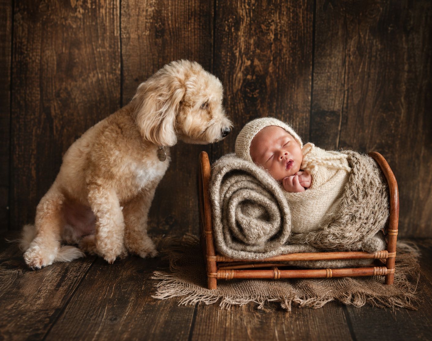 A fluffy goldendoodle puppy gazes at a sleeping newborn baby wrapped in a knit blanket in a tiny wooden bed.