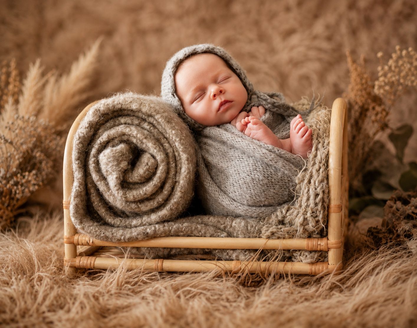 Sleeping newborn baby wrapped in gray knit swaddle and bonnet resting in a small rustic wooden bed with dried florals.