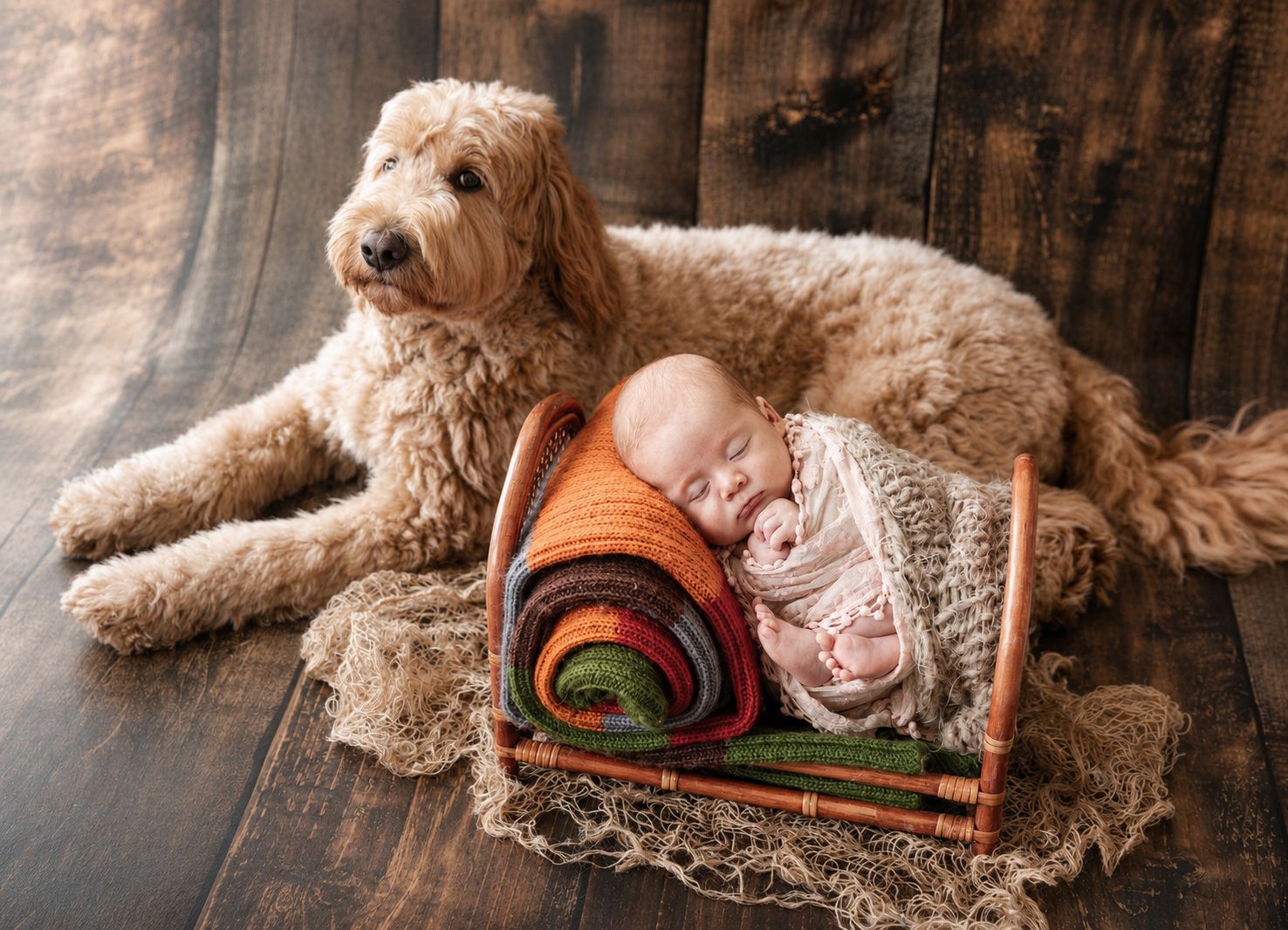 Newborn baby wrapped in colorful blankets on a small bed beside a fluffy golden doodle dog on a wooden floor.