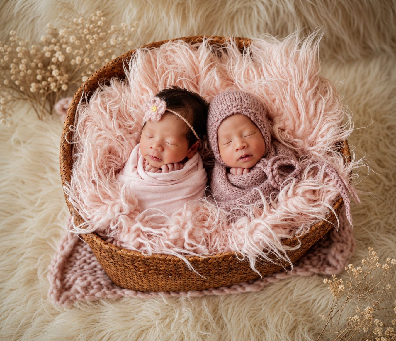 Two newborn twins wrapped in pink swaddles sleep peacefully in a wicker basket lined with fluffy pink fur.