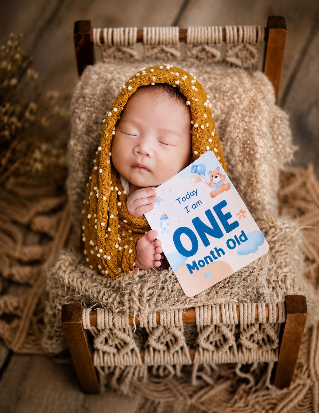 Newborn baby wrapped in mustard yellow knit, sleeping in tiny wooden bed, holding One Month Old milestone card.