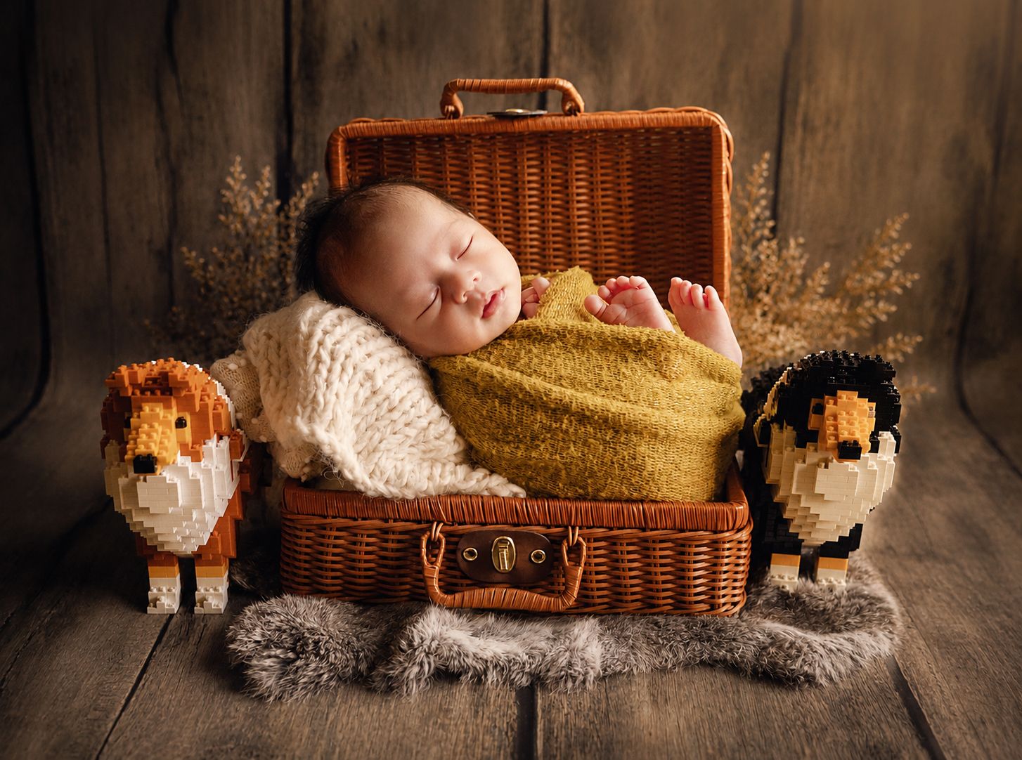 Sleeping newborn baby wrapped in yellow knit blanket inside wicker suitcase with toy lion and penguin.