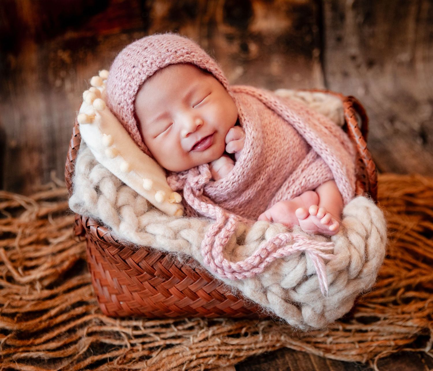 Smiling newborn baby wrapped in pink knit blanket and hat, sleeping peacefully in a rustic wicker basket.
