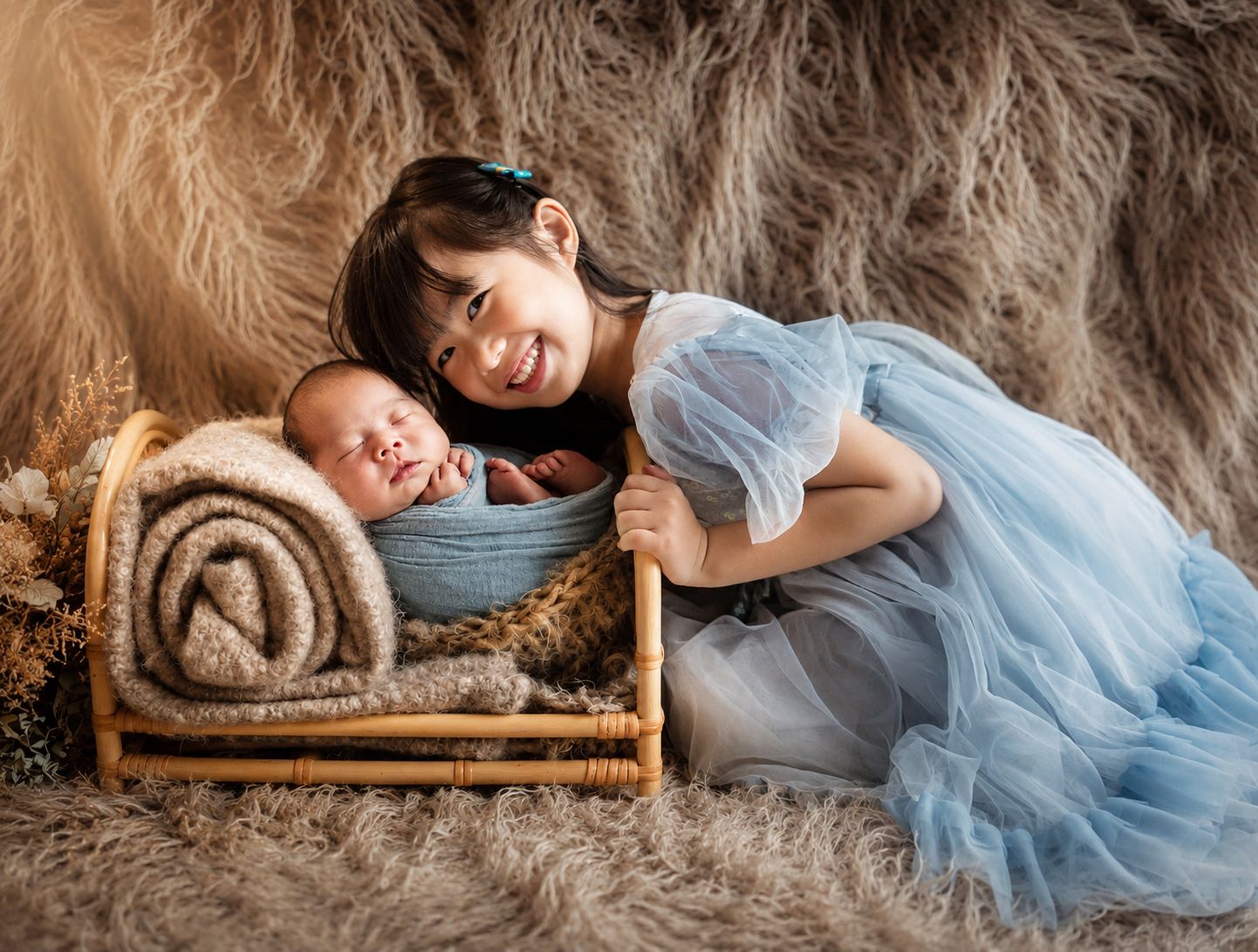 A smiling girl in a blue tulle dress poses with a sleeping newborn baby in a small wooden bed on a fur backdrop.