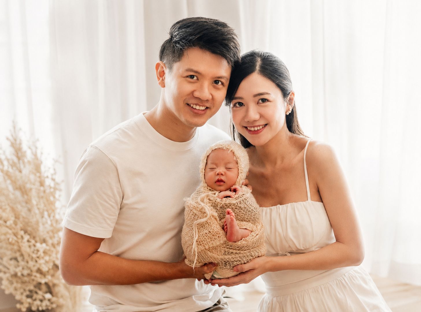 Happy Asian couple holding their newborn baby wrapped in knit blanket for a family portrait.