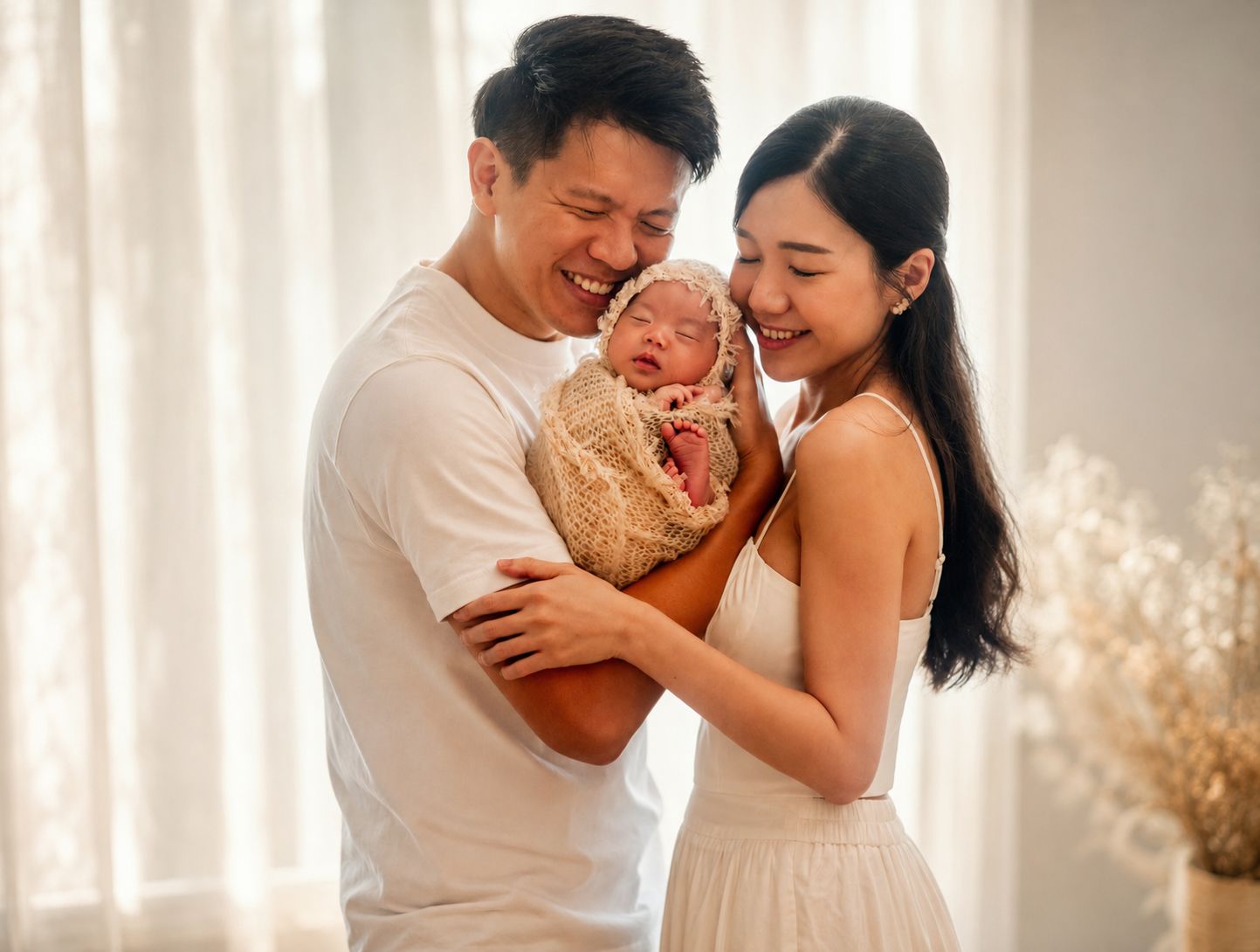 Happy Asian couple smiling and holding their newborn baby wrapped in a tan swaddle blanket indoors.