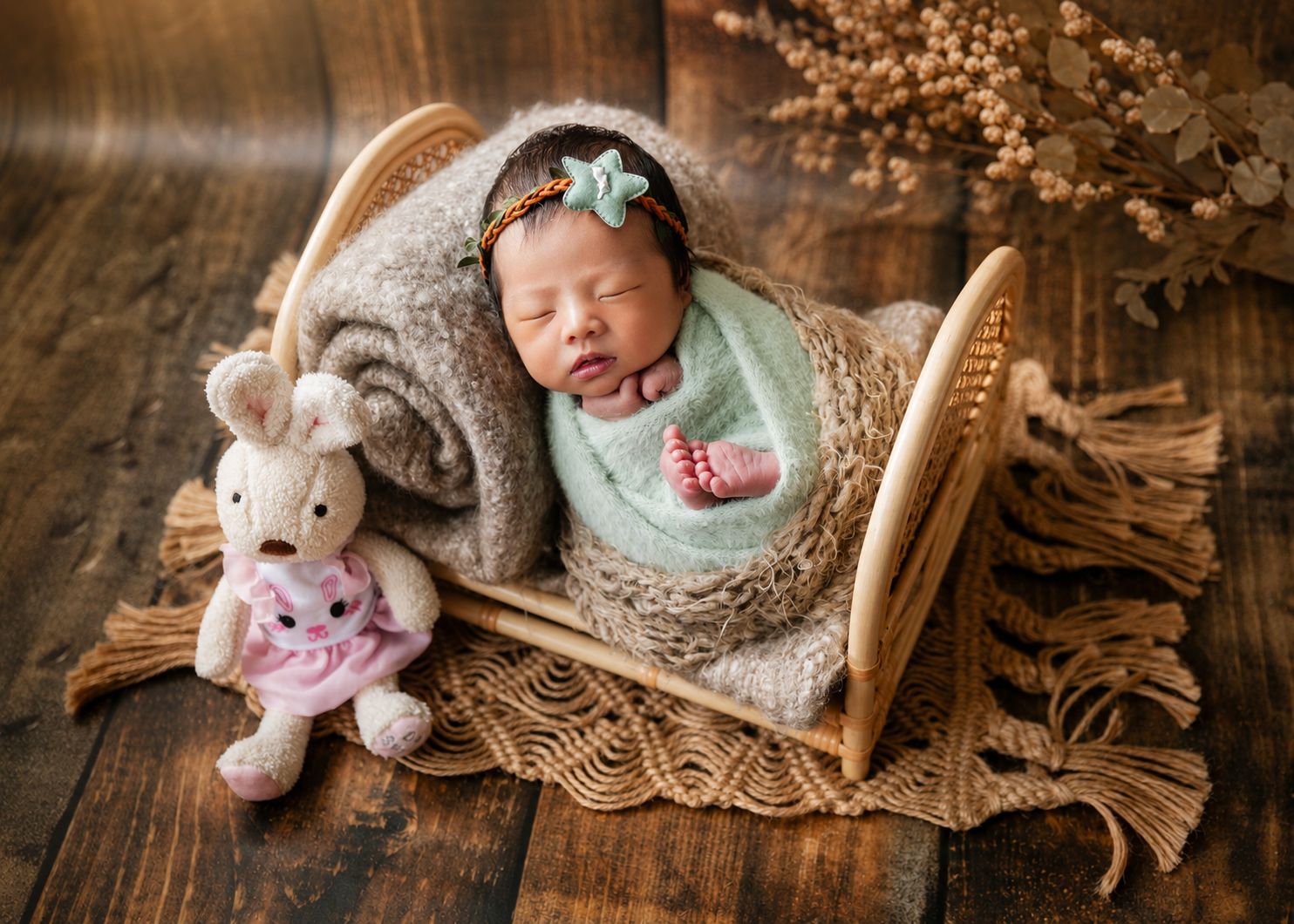 Newborn baby sleeping in a tiny wooden bed wrapped in mint green, with a stuffed bunny and floral decor.