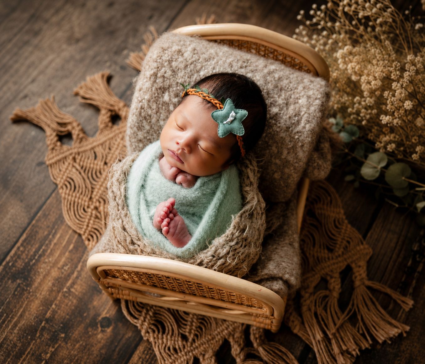 Newborn baby swaddled in mint green wrap sleeping peacefully in a wicker basket with boho macrame decor.