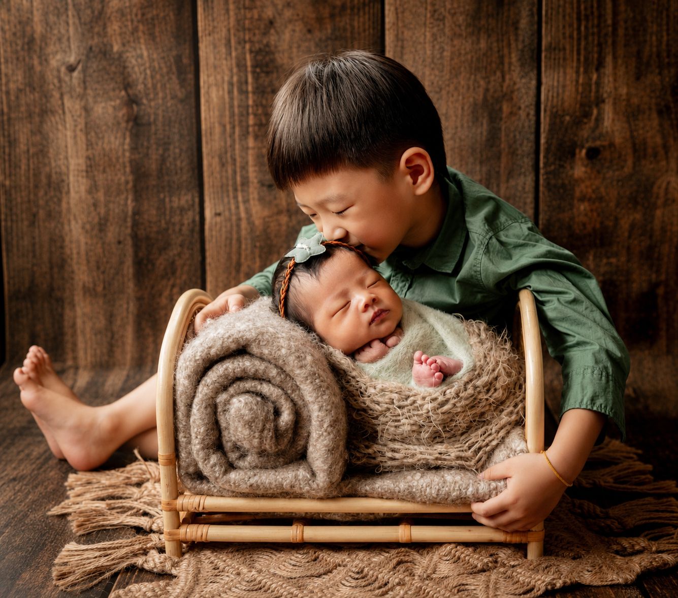 Young boy gently kissing sleeping newborn baby sibling in a rustic wooden mini bed with cozy wrap.