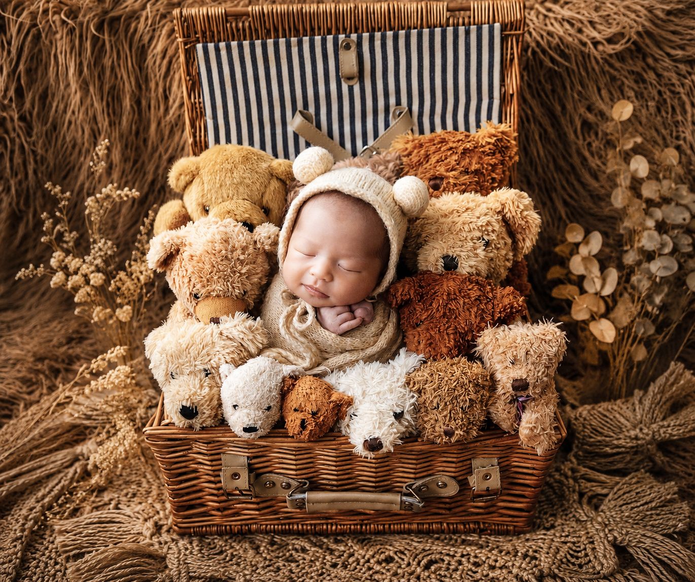 Sleeping newborn baby in bear bonnet nestled among teddy bears in a wicker basket with striped lining.
