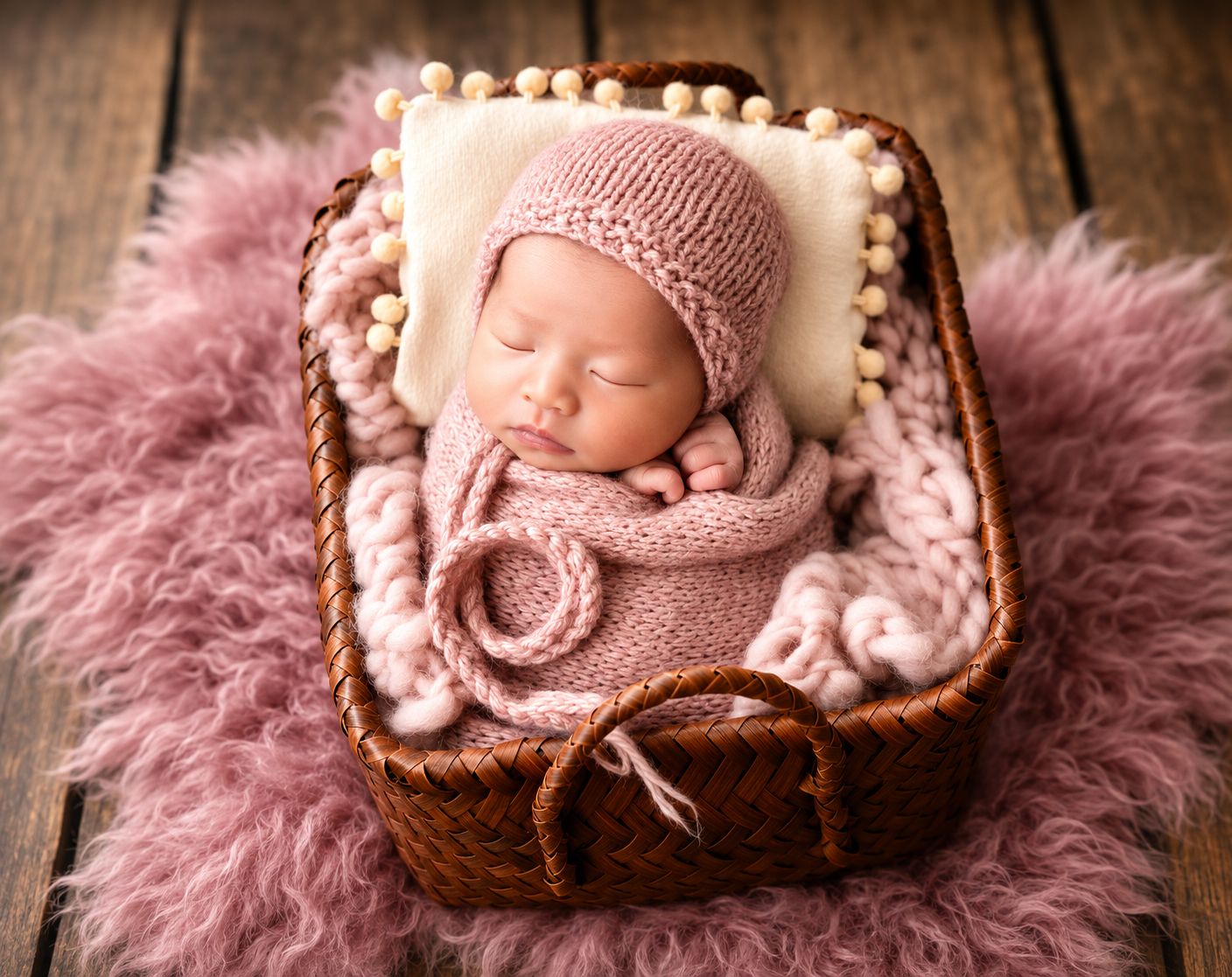 Newborn baby sleeping in a wicker basket with pink knit wrap and bonnet on a fluffy mauve rug.