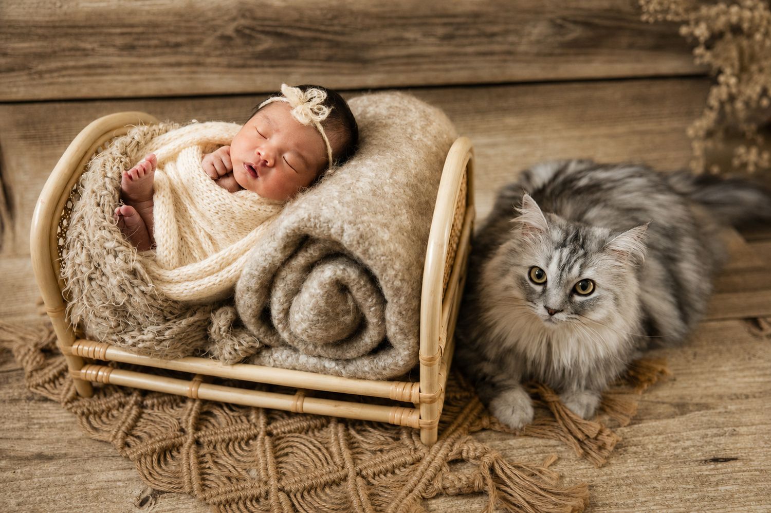 Newborn baby sleeping in wicker heart basket with fluffy gray cat beside on rustic wood floor.