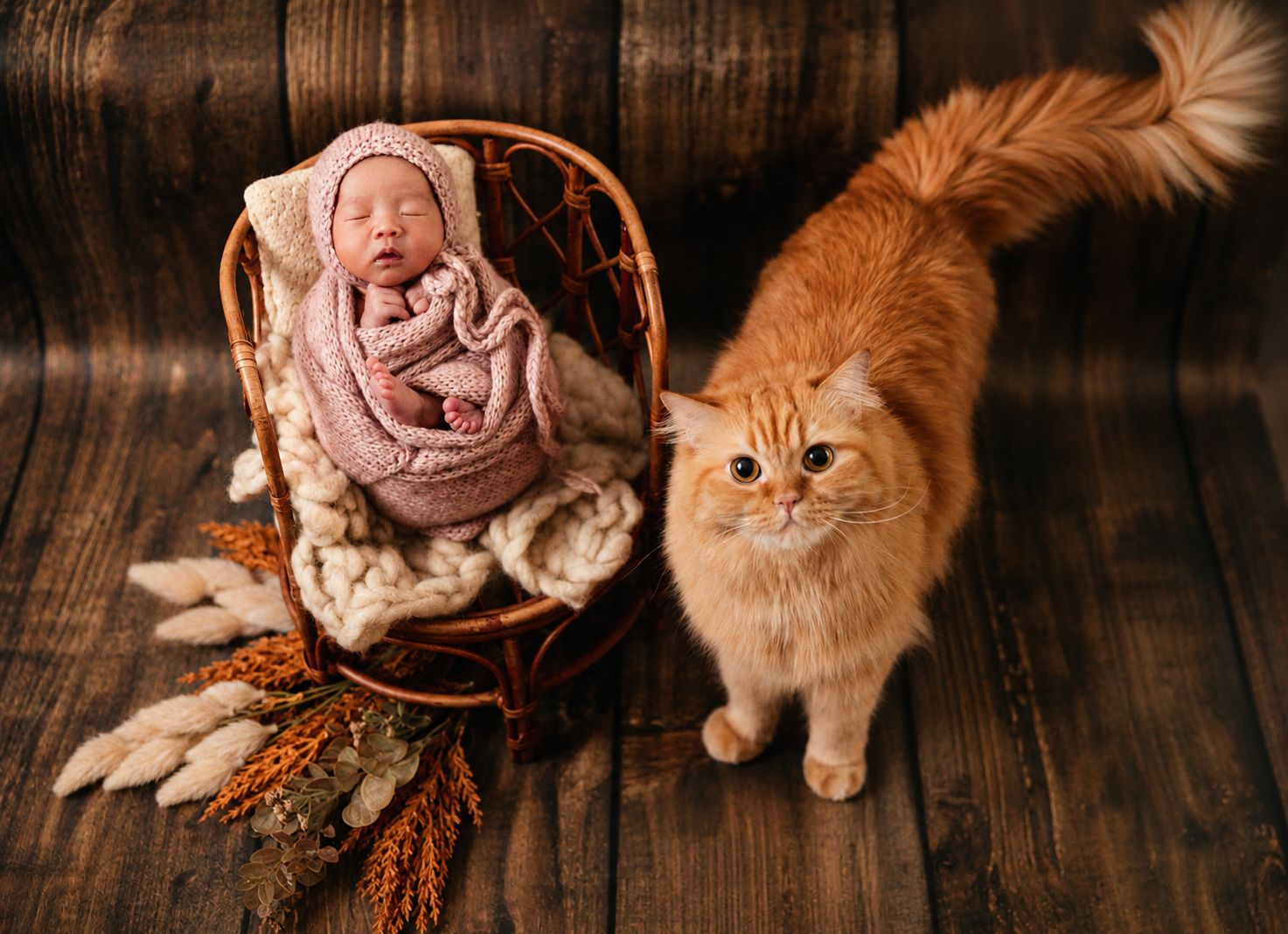 Newborn baby swaddled in pink wrap sleeping in wicker basket beside an orange tabby cat on wood floor.
