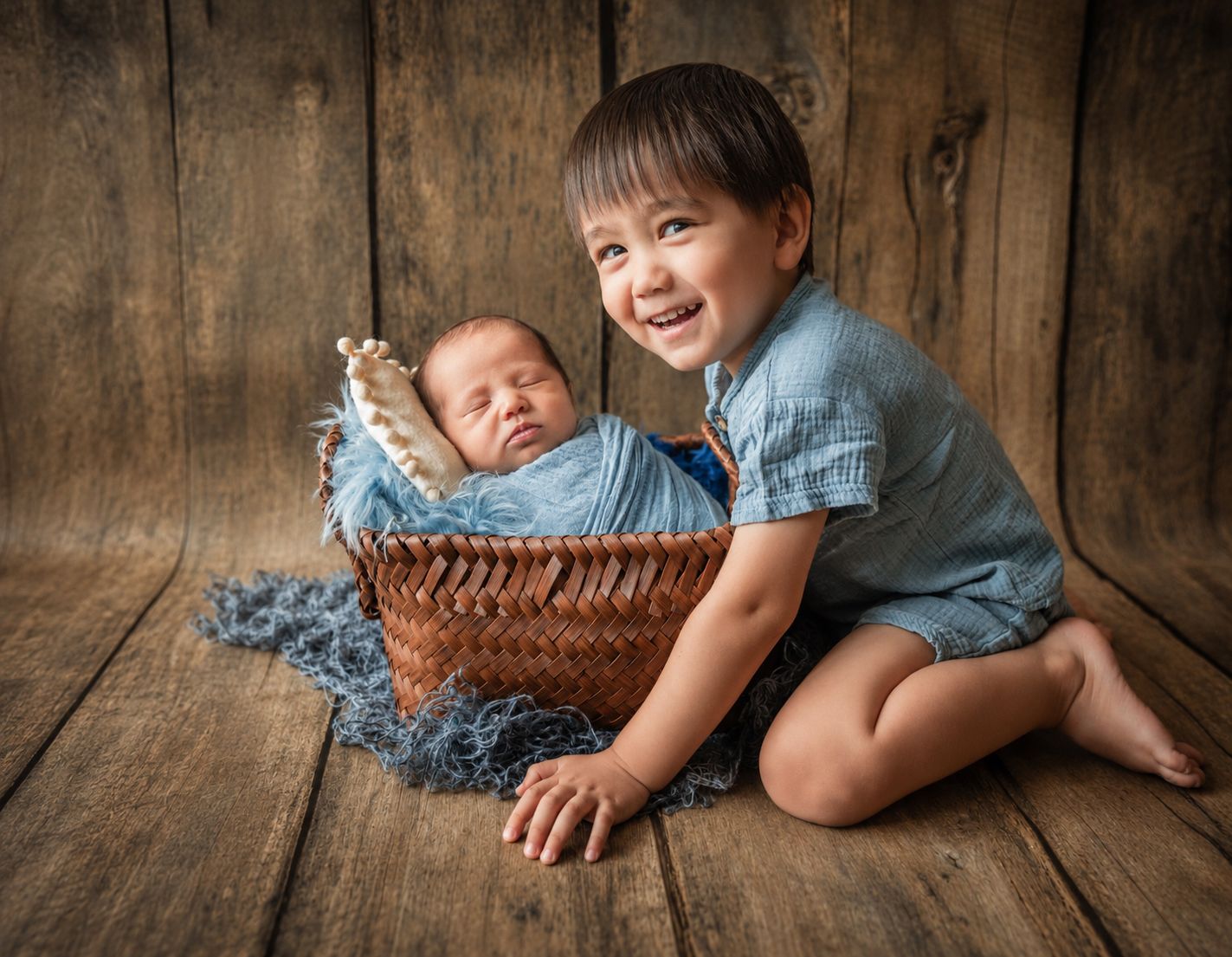 A smiling toddler boy sits beside a sleeping newborn baby in a wicker basket on a rustic wood floor.
