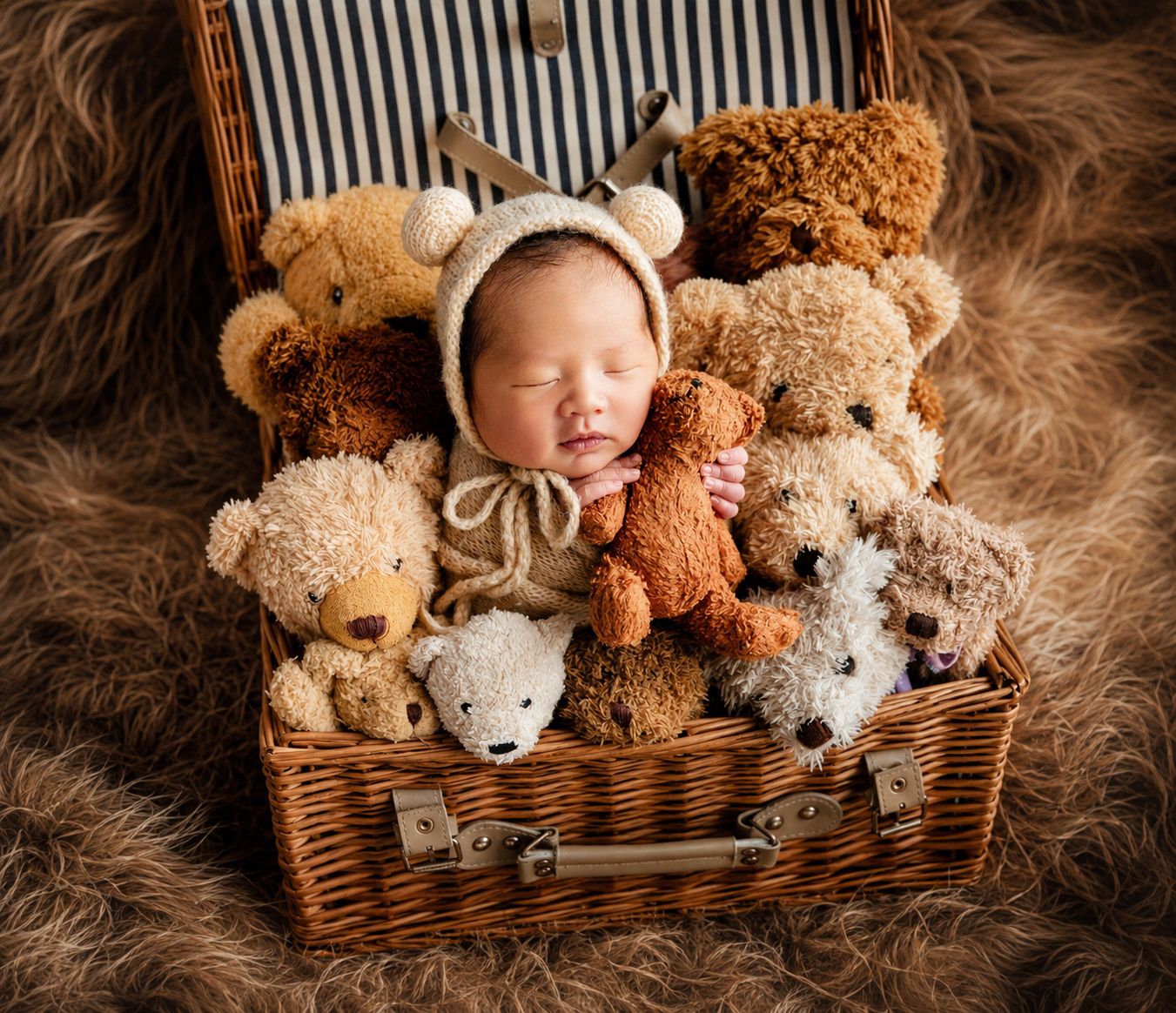 Newborn baby sleeping in a wicker suitcase surrounded by teddy bears, wearing a bear bonnet, on a fluffy brown rug.