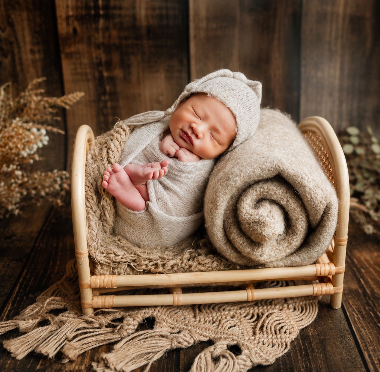 Smiling newborn baby sleeping in a small wooden bed with beige knit blanket and bonnet in a rustic photography setup.