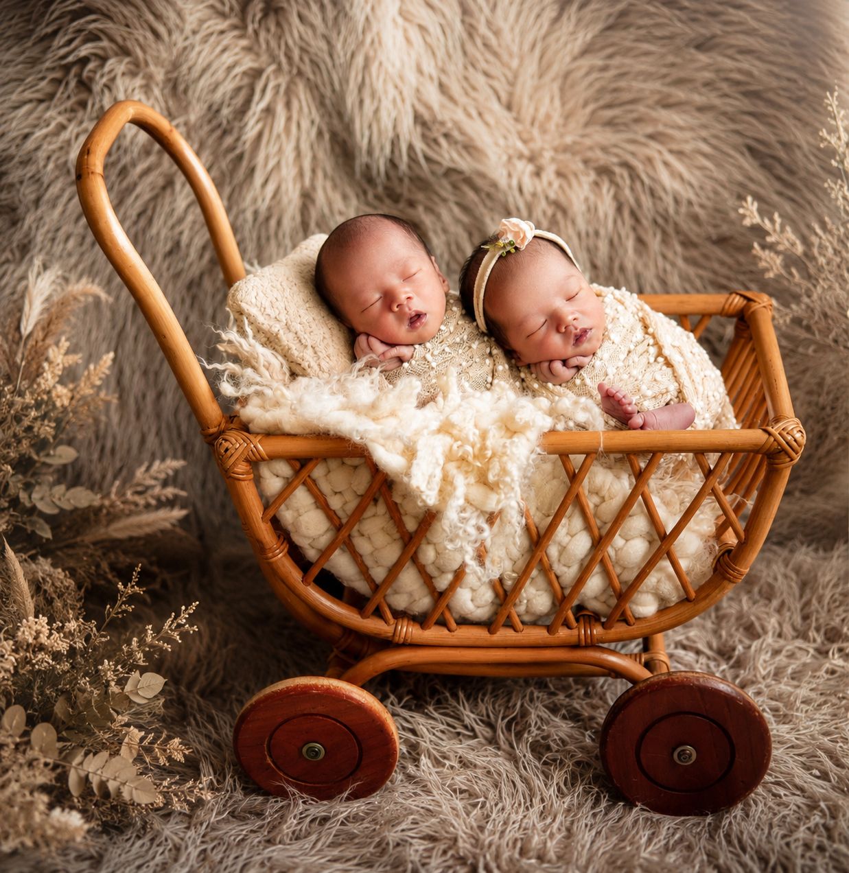 Two sleeping newborn twins wrapped in cream blankets rest in a rustic wicker baby carriage on a cozy fur rug.