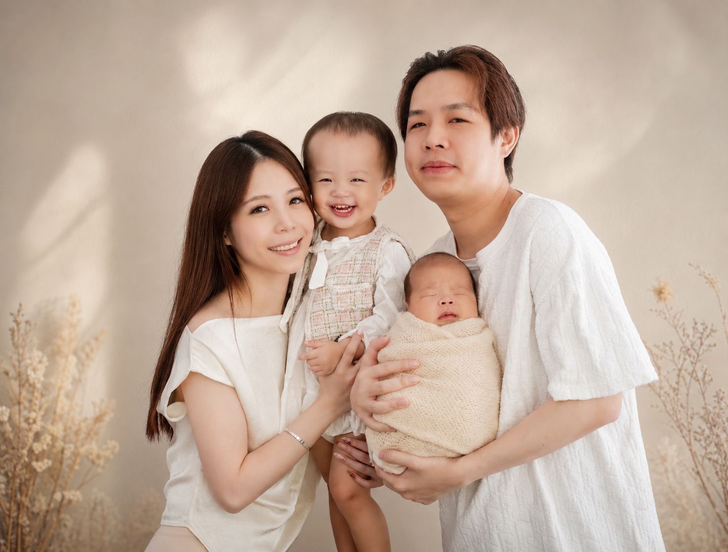 Happy Asian family portrait with parents holding toddler and newborn baby against neutral beige background.
