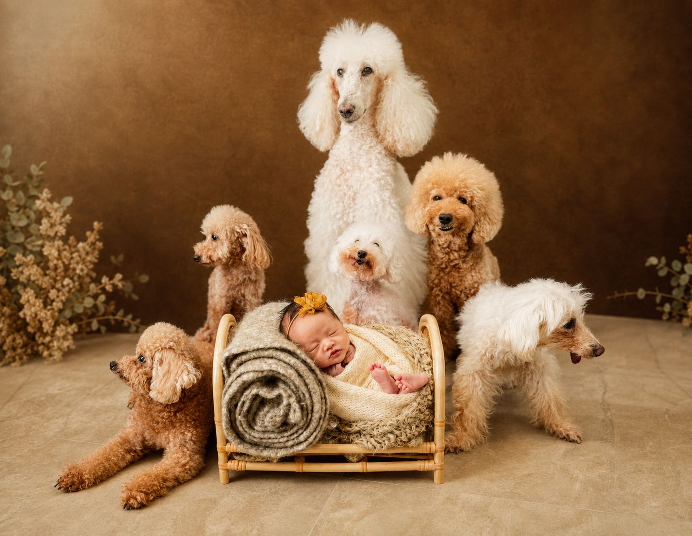 Newborn baby sleeping in tiny bed surrounded by five fluffy poodles of various sizes on brown background.
