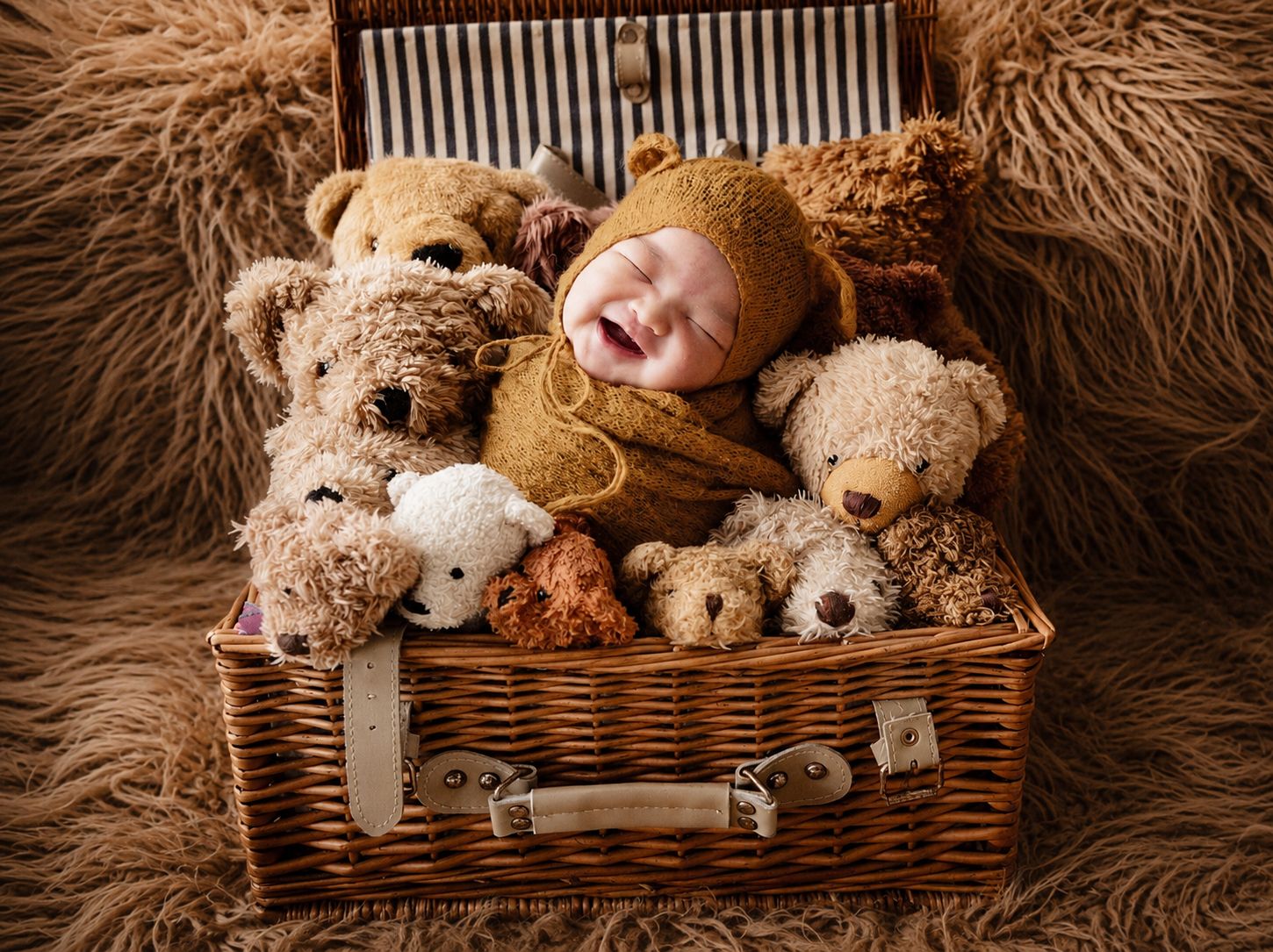 Laughing newborn baby in brown bear hat nestled among teddy bears in a wicker suitcase on fur blanket.
