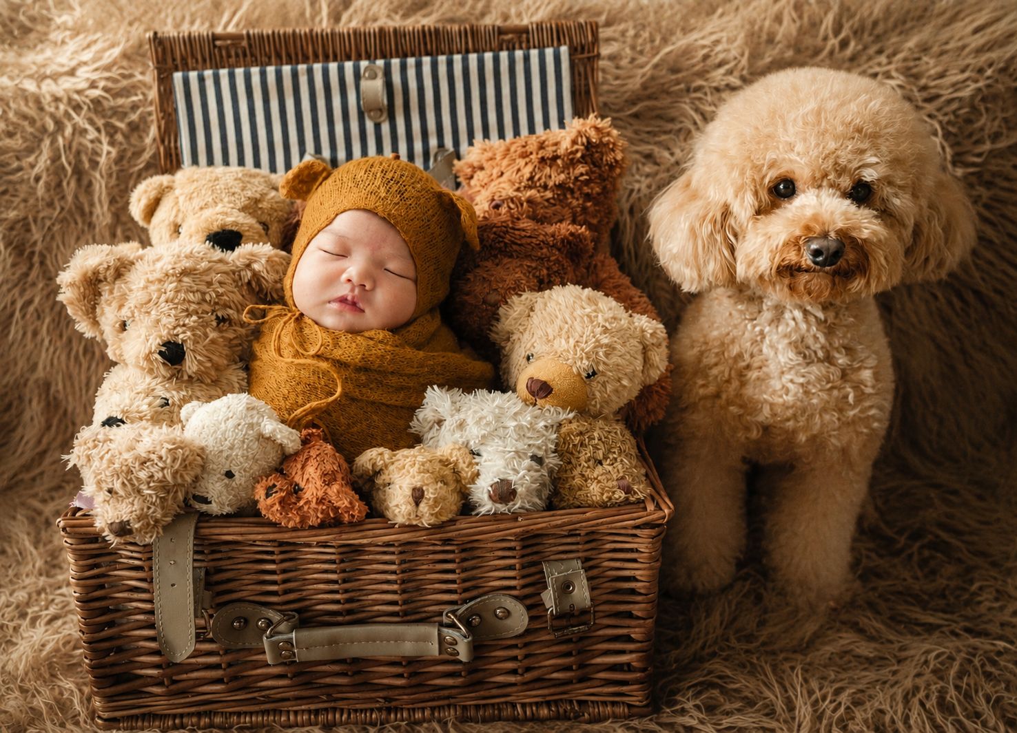 Sleeping newborn baby in mustard outfit nestled in wicker basket with teddy bears beside a fluffy apricot poodle.