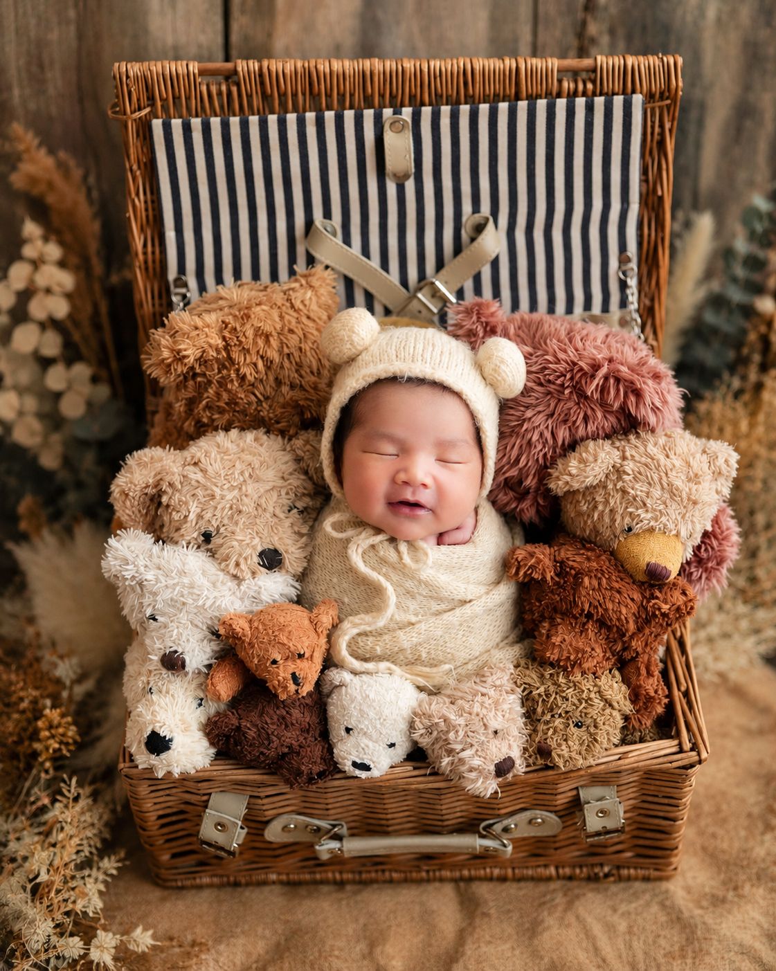 Smiling newborn baby wrapped in cream knit, wearing bear bonnet, nestled among teddy bears in a wicker suitcase.