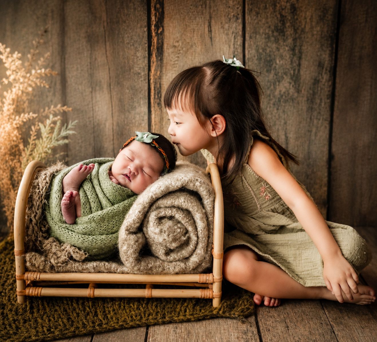 A young girl in a green dress kisses her sleeping newborn sibling wrapped in a green swaddle on a small rattan bed.