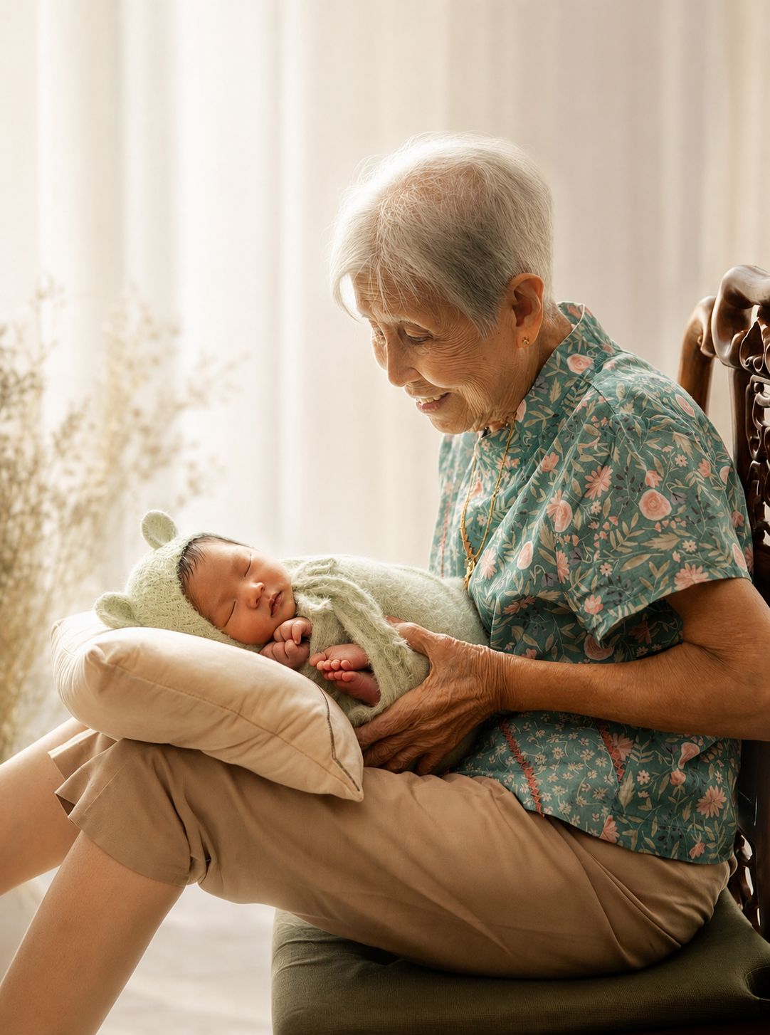 Elderly grandmother smiling warmly while holding a sleeping newborn baby wrapped in a green knit hat indoors.