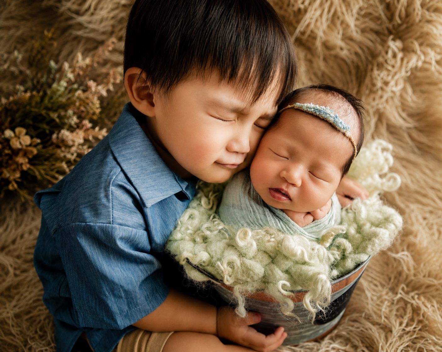 A young boy gently holds a sleeping newborn baby wrapped in soft green fabric during a professional newborn photo session.