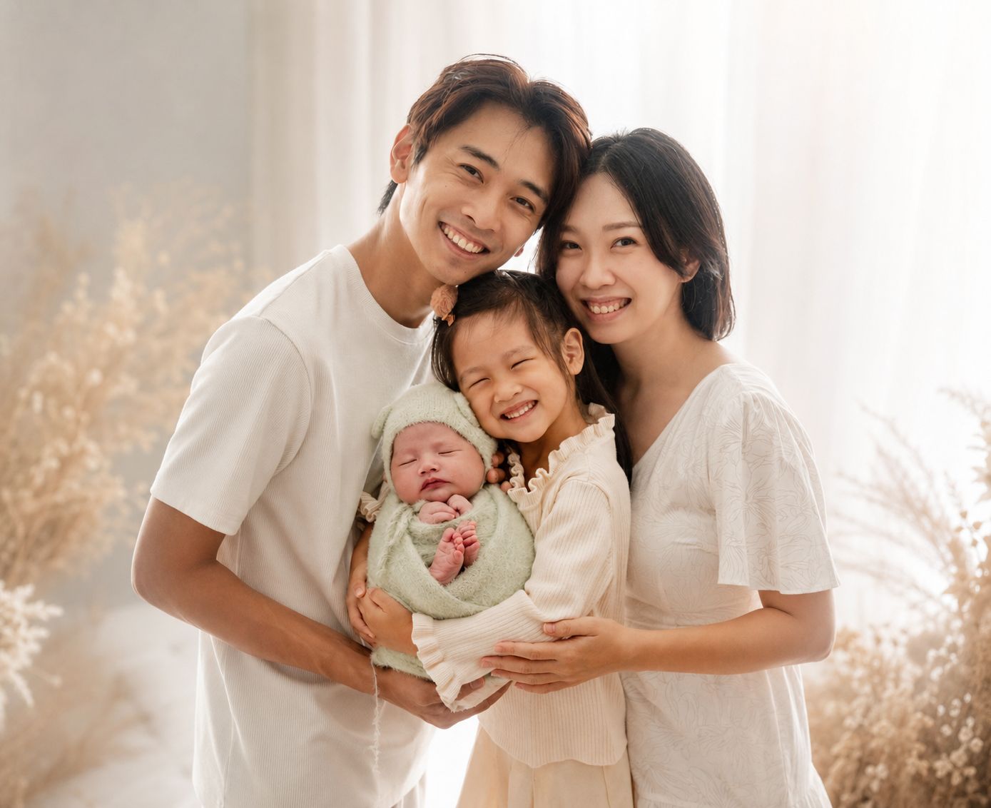 Happy Asian family of four posing for a portrait with newborn baby, toddler, and parents in white outfits.