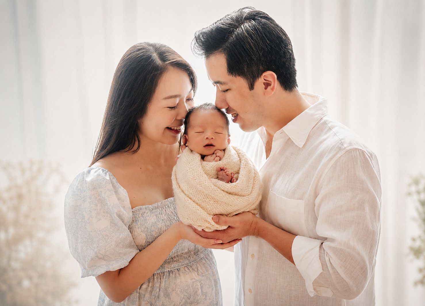 A couple in white outfits tenderly holds their swaddled newborn baby, smiling lovingly in a soft, bright studio setting.