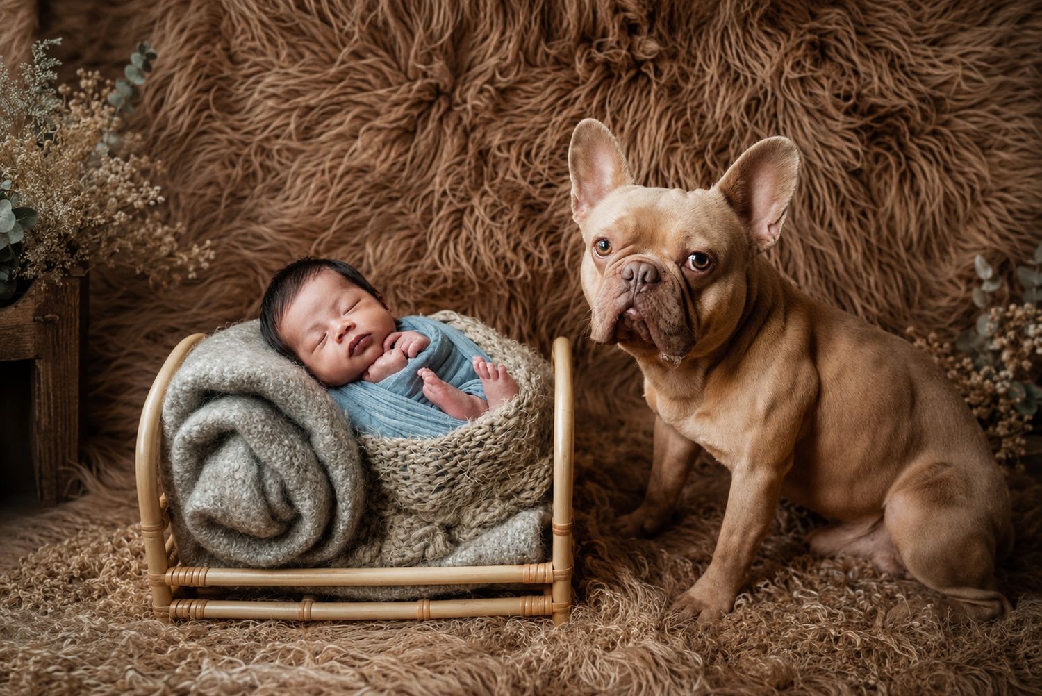 Newborn baby sleeping in a wicker basket beside a fawn French Bulldog on a fluffy brown fur backdrop.