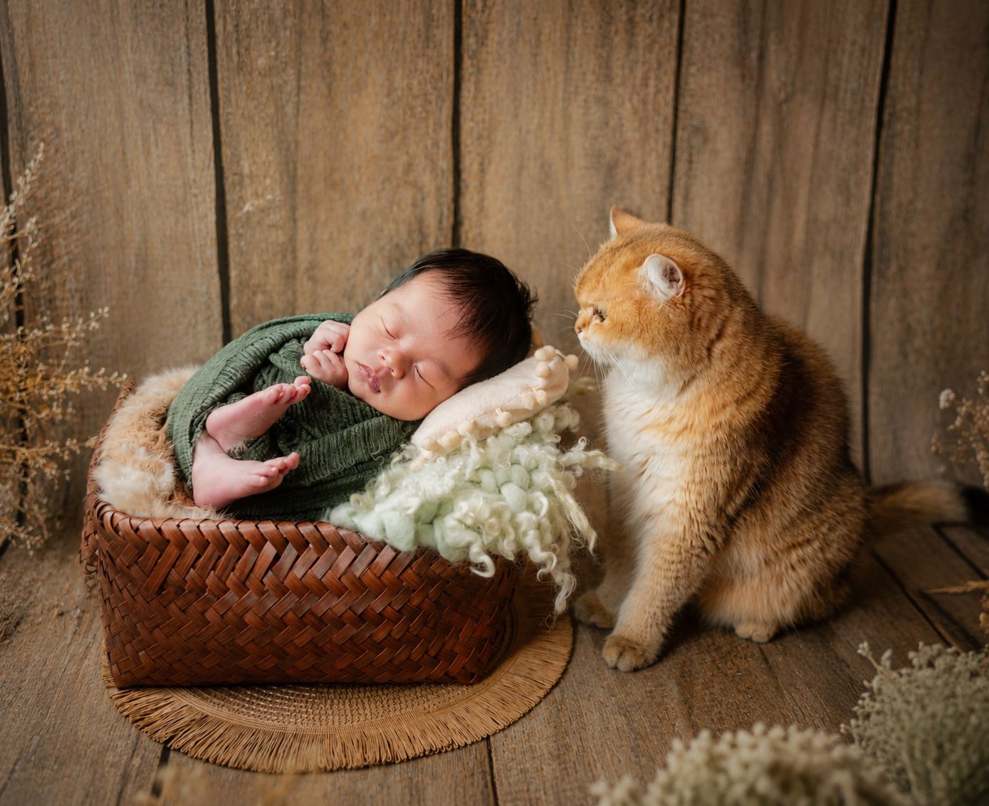 Sleeping newborn baby in a wicker basket with green wrap, beside a fluffy orange cat on rustic wood floor.