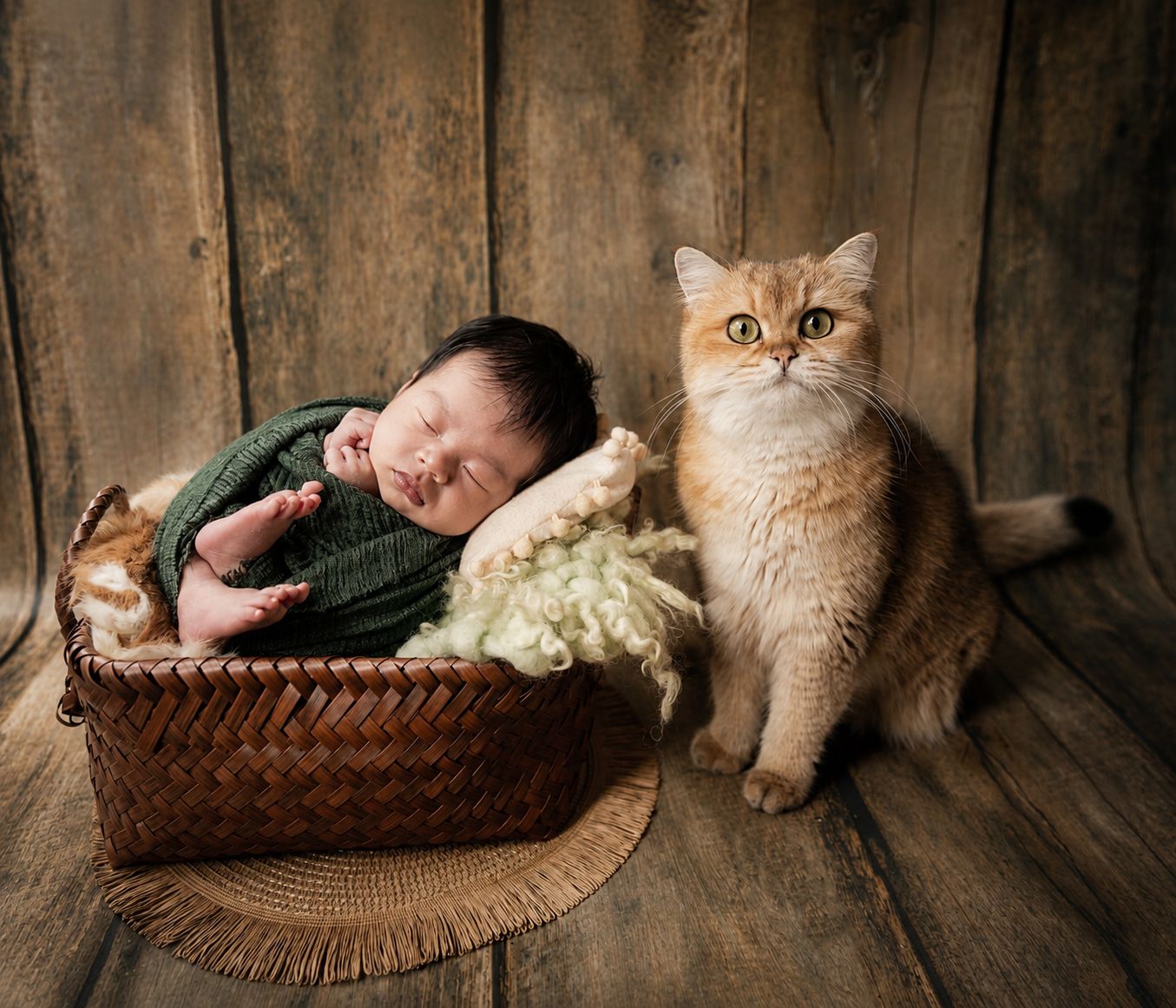 Sleeping newborn baby wrapped in green swaddle in wicker basket beside a fluffy orange British Shorthair cat.