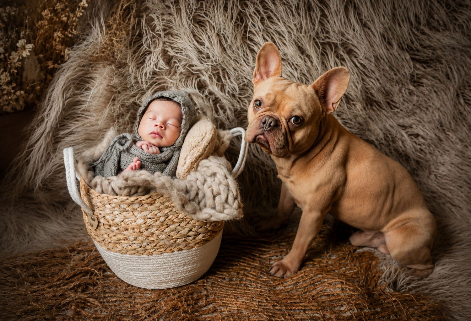 A sleeping newborn baby in a knit hat rests in a wicker basket beside a fawn French Bulldog on a fur backdrop.