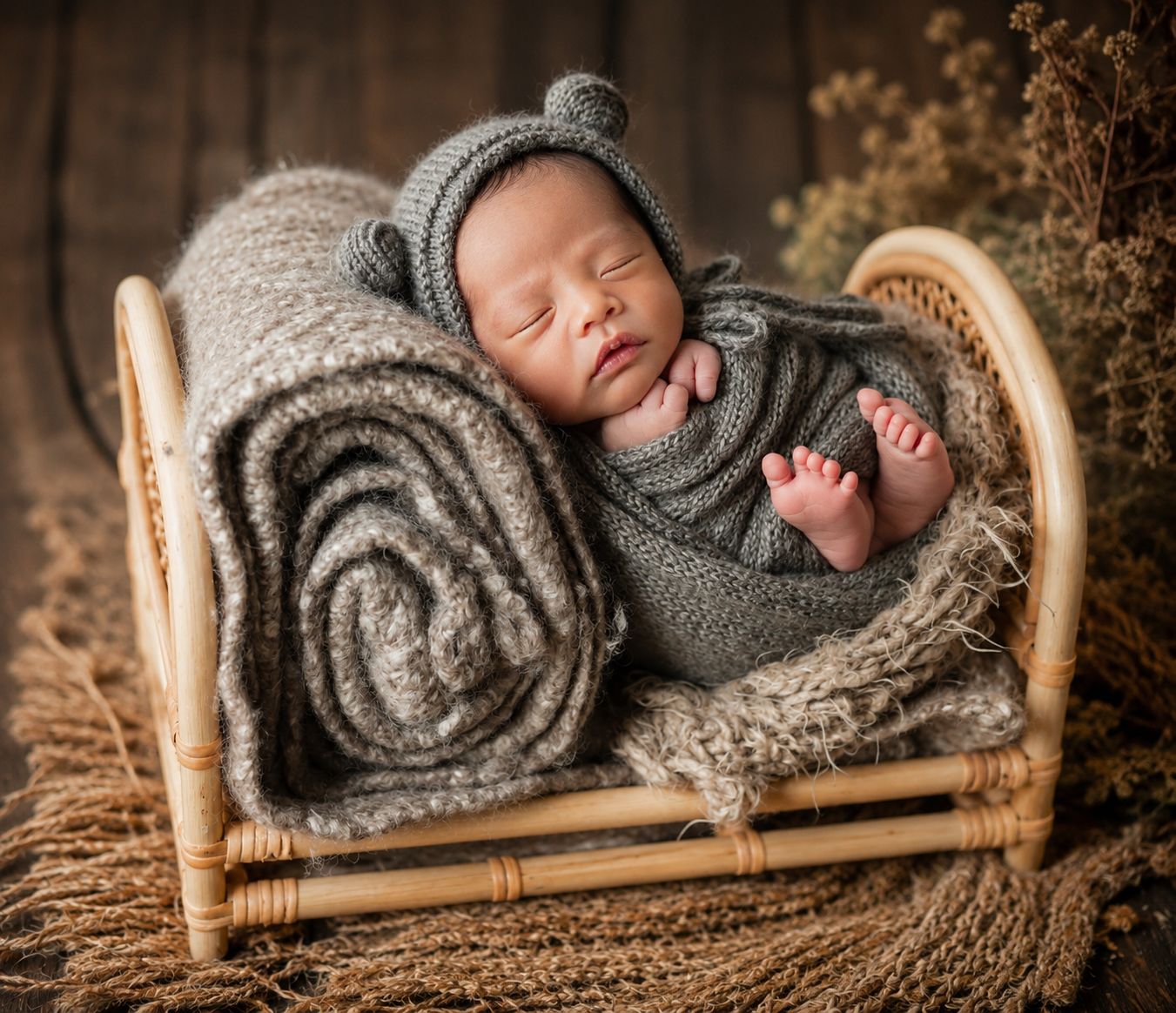 Newborn baby sleeping in a tiny rattan bed, wrapped in a gray knit swaddle and bear ear hat.