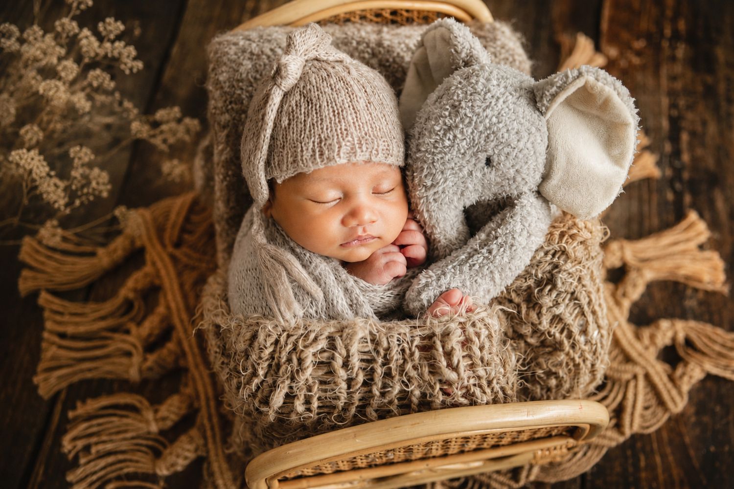 Sleeping newborn baby in knit gray outfit and elephant hat cuddles stuffed elephant toy in woven basket.