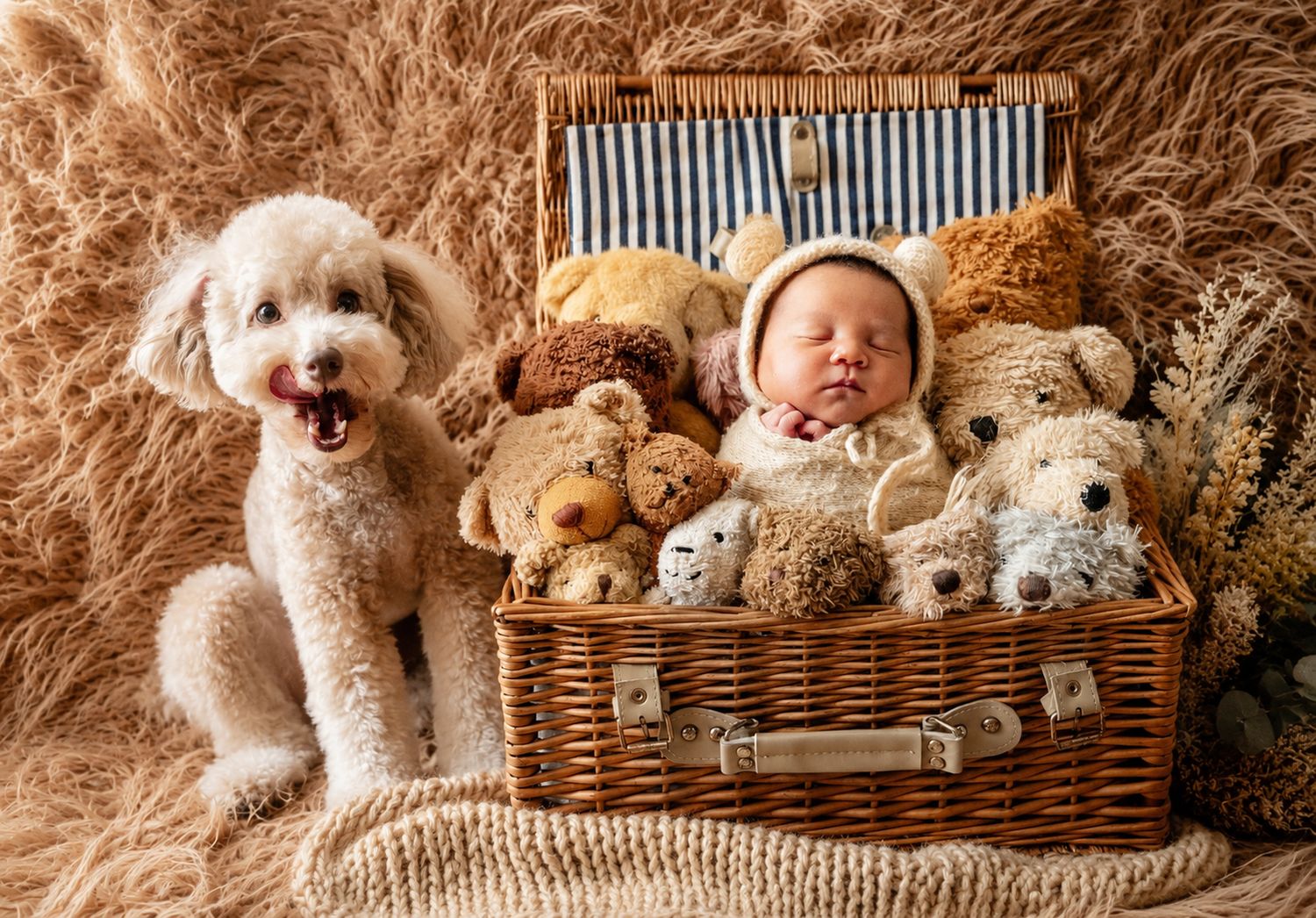 A fluffy white dog sits beside a wicker basket filled with teddy bears and a sleeping newborn baby on a cozy brown blanket.