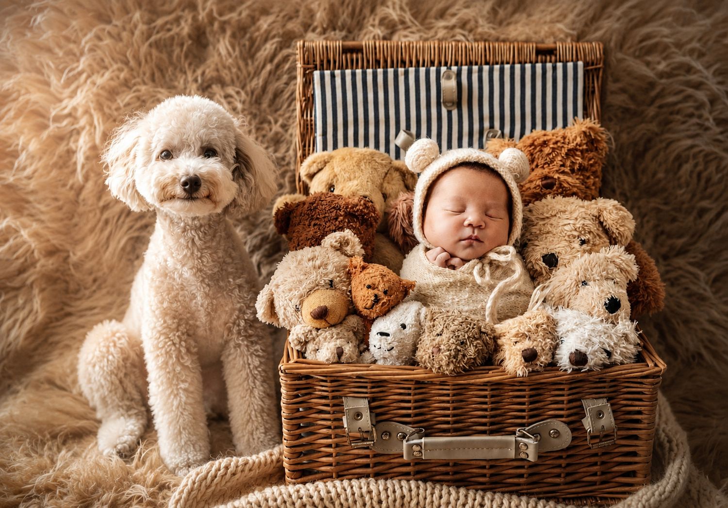Newborn baby sleeping in wicker basket surrounded by teddy bears beside a fluffy white poodle on fur background.
