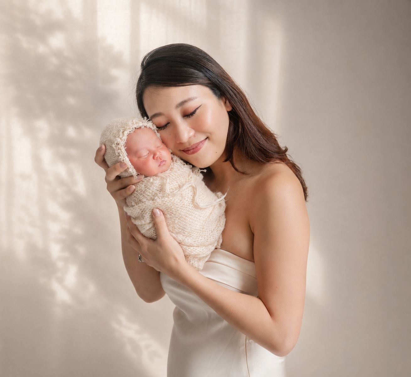 A smiling mother in a white dress tenderly holds her sleeping newborn wrapped in a cream lace swaddle.