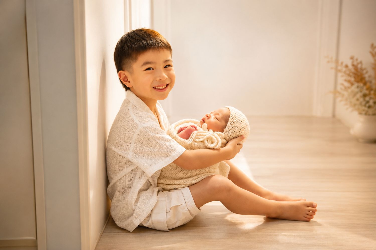 Smiling young boy sitting on floor holding sleeping newborn baby wrapped in white knit hat.