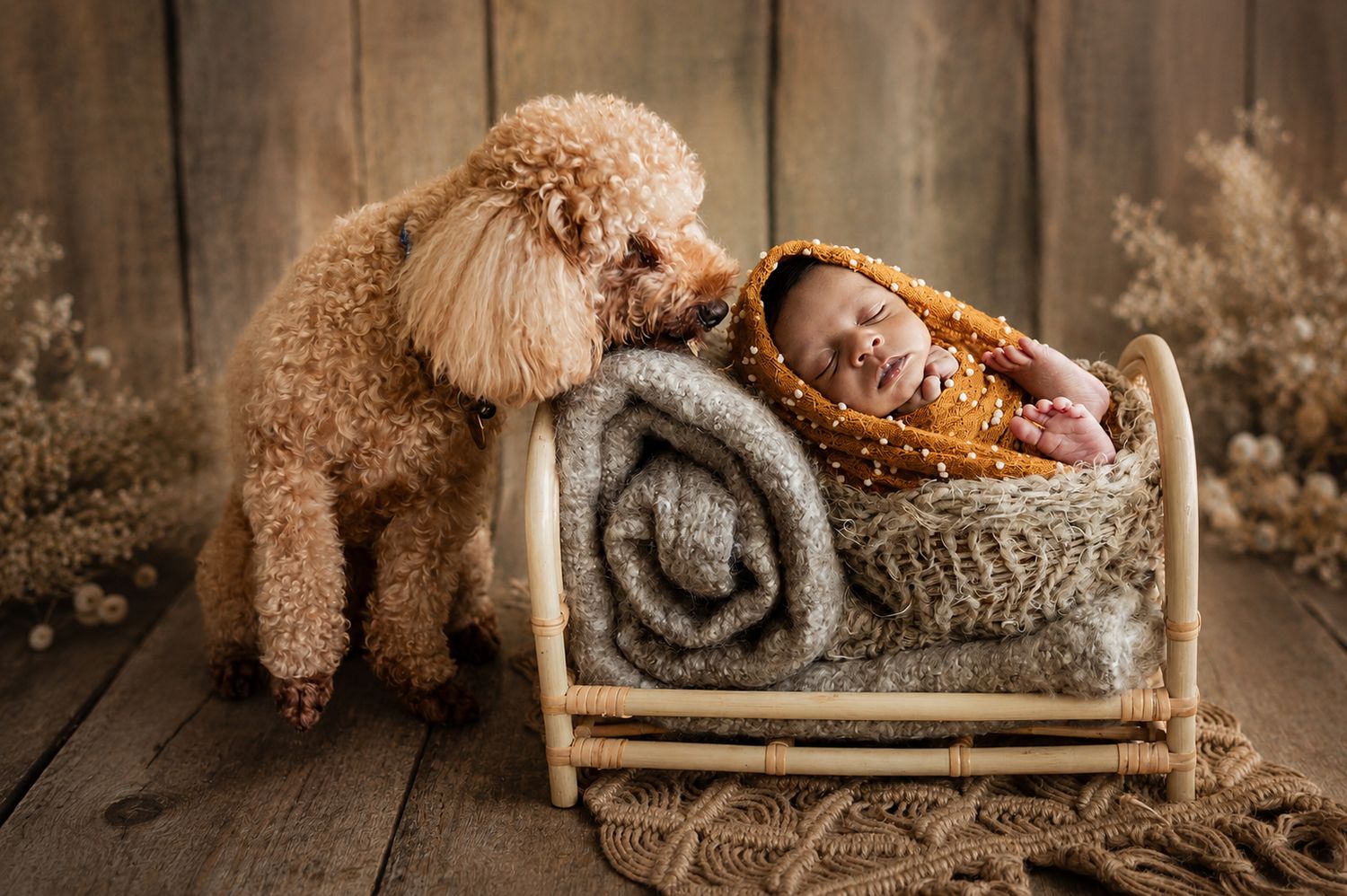 A fluffy apricot poodle gently nuzzles a sleeping newborn baby wrapped in a golden blanket in a tiny wooden bed.