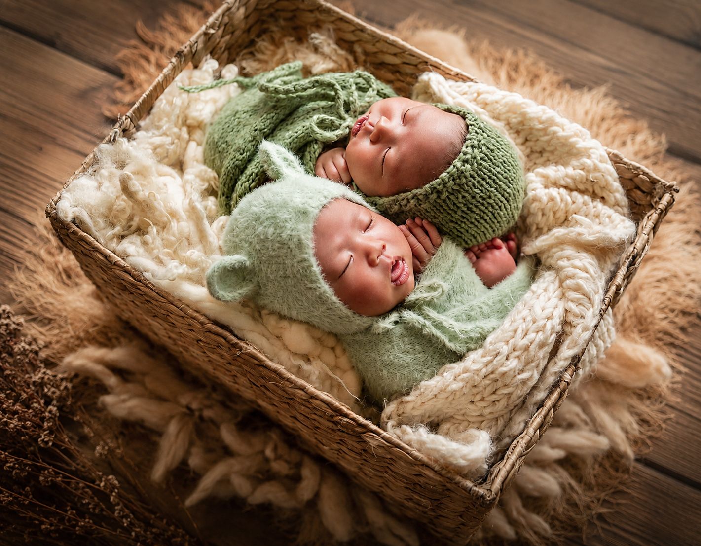 Two sleeping newborn twins in green knit outfits and hats nestled in a wicker basket with cream blankets.