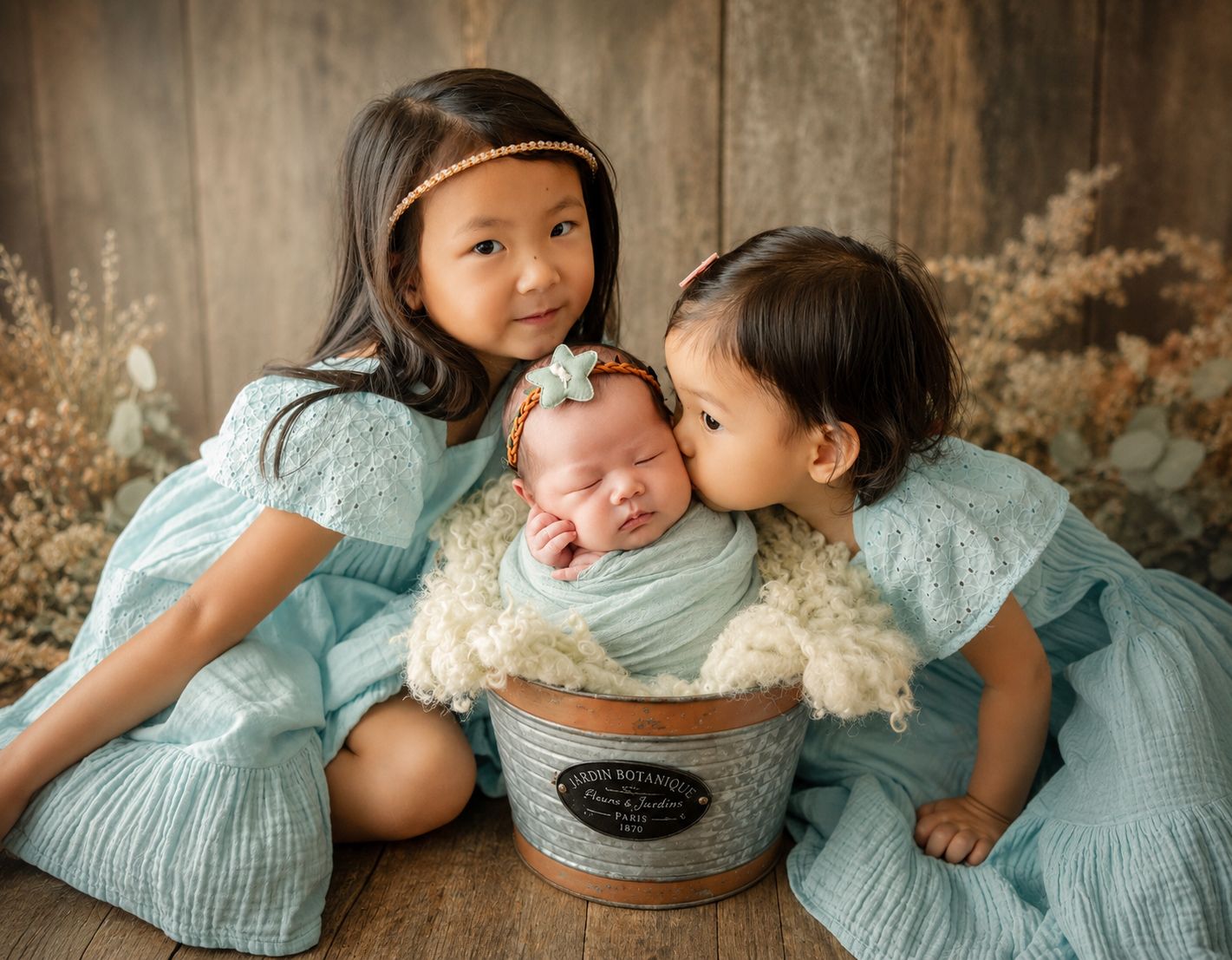 Two older sisters in teal dresses lovingly pose with their newborn sibling in a rustic bucket for a professional photo.
