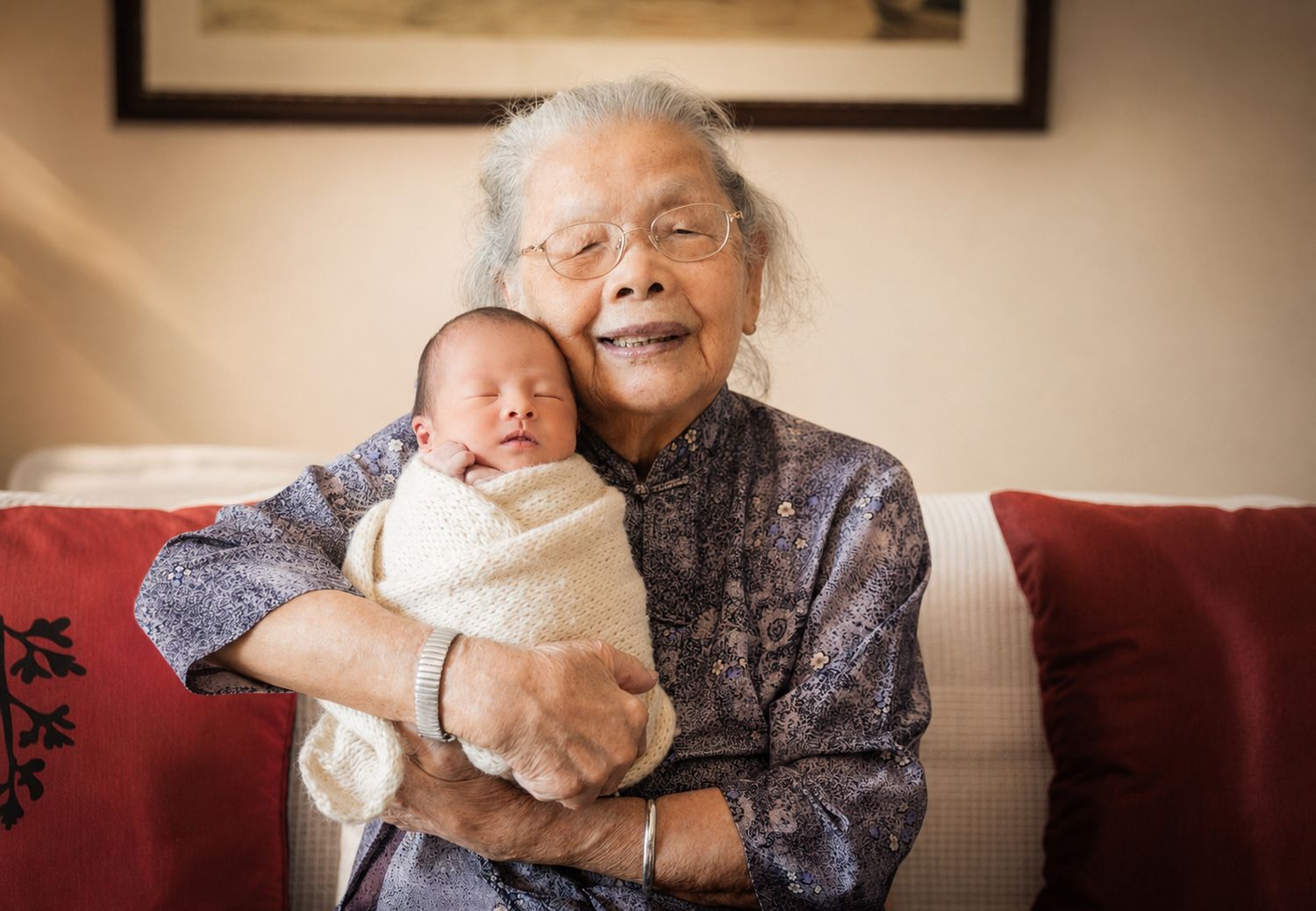 Elderly grandmother smiling warmly while holding a swaddled newborn baby on a red sofa.
