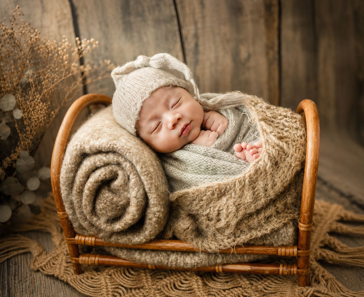 Sleeping newborn baby wrapped in a cozy knit blanket and hat, resting peacefully in a tiny wooden bed.